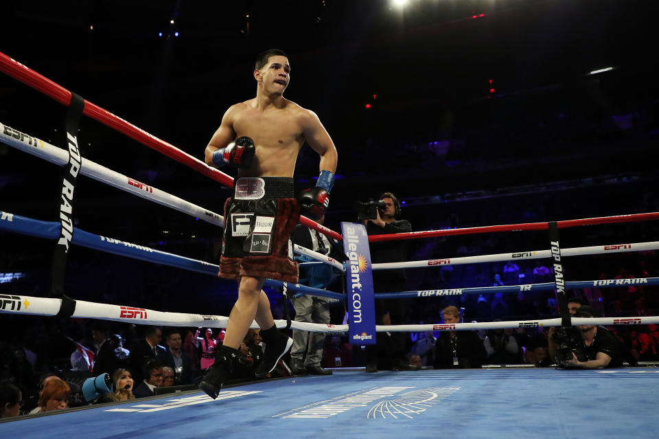 NEW YORK, NEW YORK - DECEMBER 14:  Edgar Berlanga celebrates his first round Technical Knockout against Cesar Nunez during their super middleweight bout at Madison Square Garden on December 14, 2019 in New York City. (Photo by Al Bello/Getty Images)