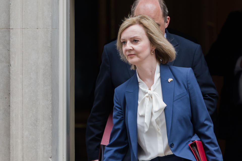 LONDON, UNITED KINGDOM - APRIL 19, 2022: Secretary of State for Foreign, Commonwealth and Development Affairs, Minister for Women and Equalities Liz Truss leaves Downing Street after attending the weekly Cabinet meeting on April 19, 2022 in London, England. Today marks Boris Johnson's 1000th day in office as the British Prime Minister. (Photo credit should read Wiktor Szymanowicz/Future Publishing via Getty Images)