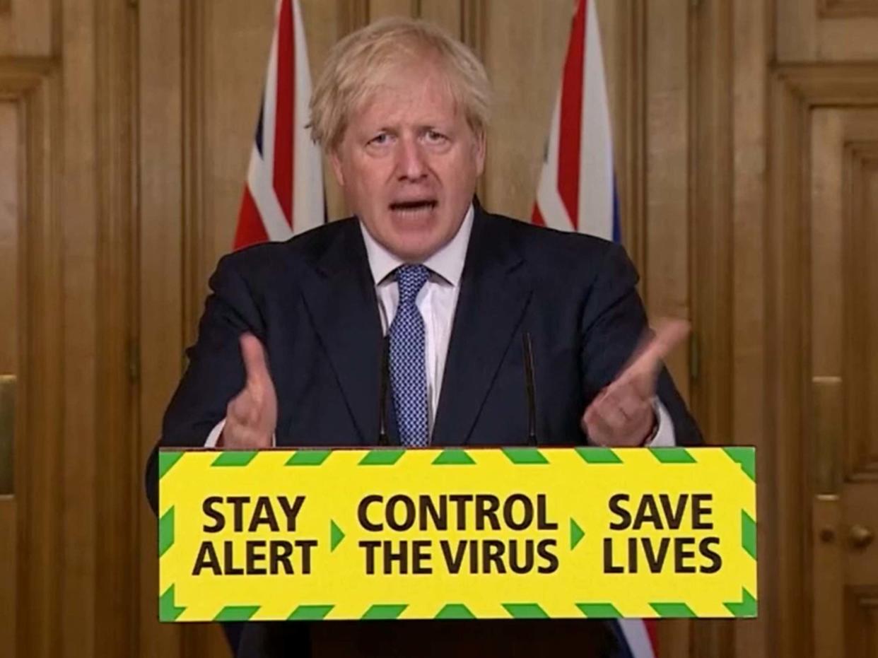 Prime minister Boris Johnson speaking during a coronavirus media briefing in Downing Street, London, 31 July 2020: PA