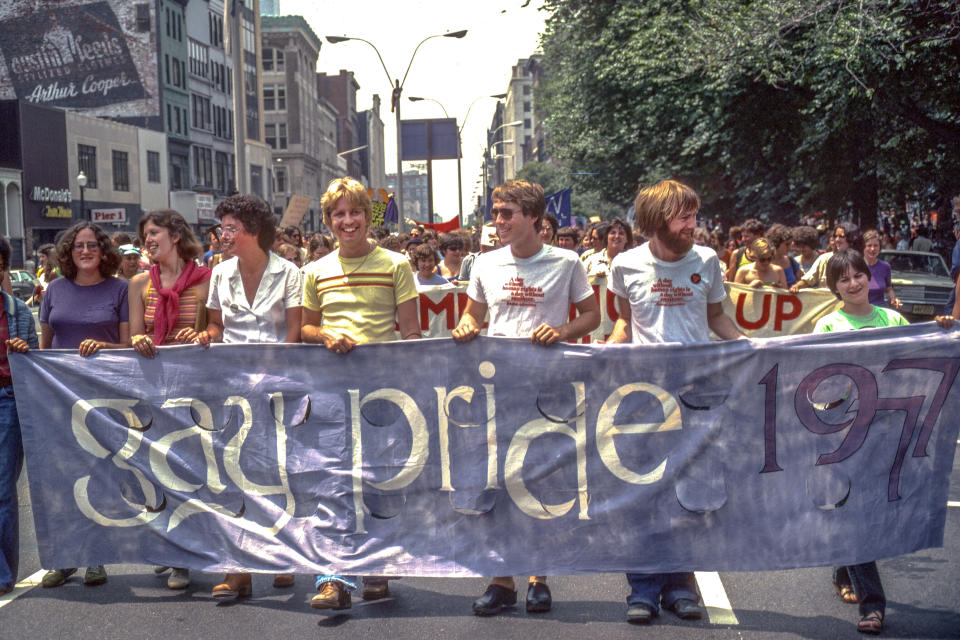 View of the gay pride parade in Boston, Massachusetts, 1977. (Photo by Spencer Grant/Getty Images)
