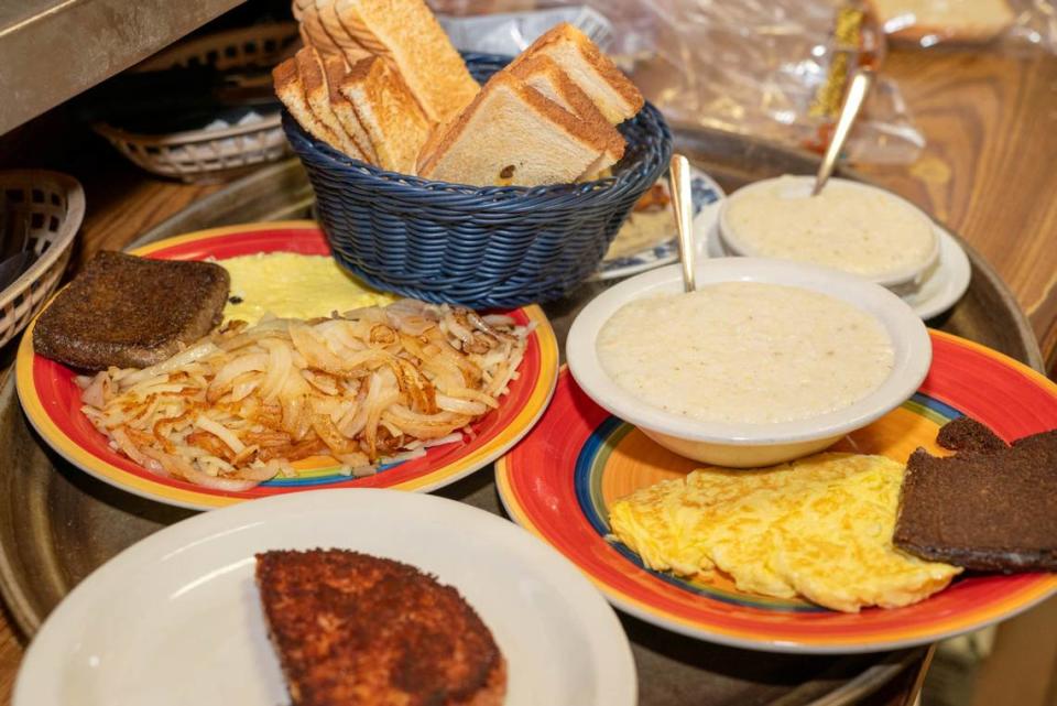 Two breakfast platters at Dino’s Family Restaurant.