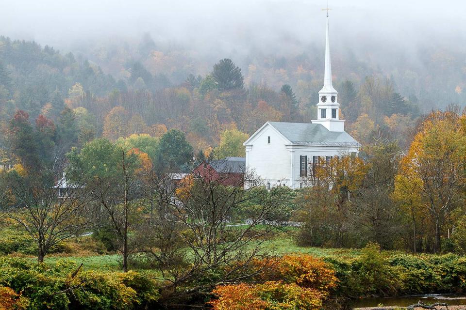 White Church in the Mist in Stowe, Vermont
