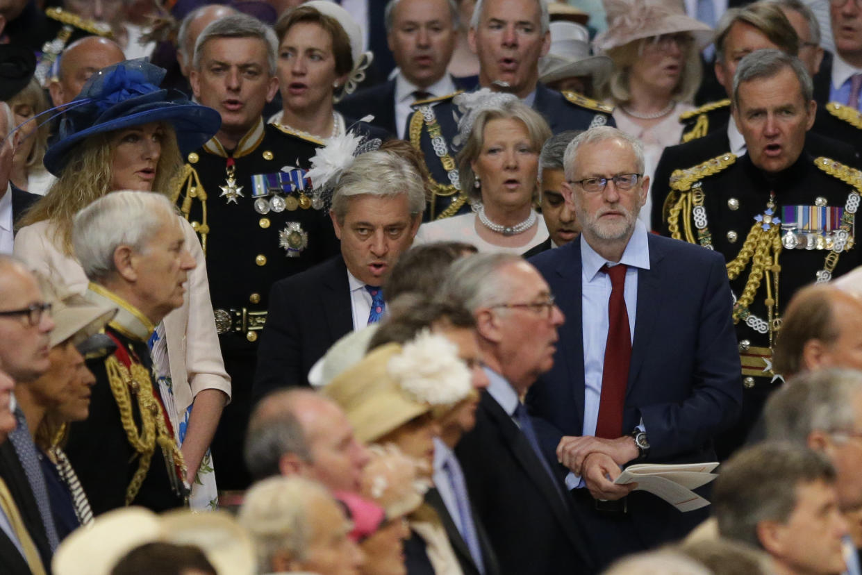 Leader of Britain's Labour Party, Jeremy Corbyn, (CR), sings the national anthem alongside John Bercow (CL), the Speaker of the House of Commons, during a national service of thanksgiving for the 90th birthday of Britain's Queen Elizabeth II at St Paul's Cathedral in London on June 10, 2016, which is also the Duke of Edinburgh's 95th birthday. 
Britain started a weekend of events to celebrate the Queen's 90th birthday. The Queen and the Duke of Edinburgh along with other members of the royal family will attend a national service of thanksgiving at St Paul's Cathedral on June 10, which is also the Duke of Edinburgh's 95th birthday. / AFP / POOL / Matt Dunham        (Photo credit should read MATT DUNHAM/AFP via Getty Images)