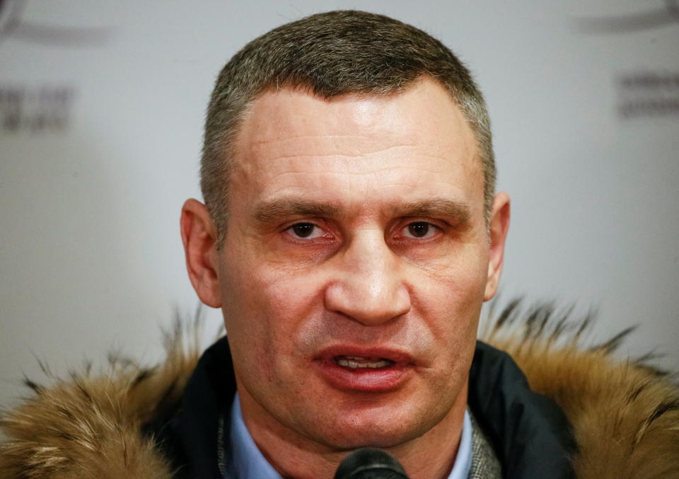 Mayor of Kyiv and former heavyweight boxing champion Vitali Klitschko speaks with journalists during the opening of the first Ukrainian Territorial Defence Forces recruitment centre in central Kyiv, Ukraine, February 2, 2022. REUTERS/Gleb Garanich