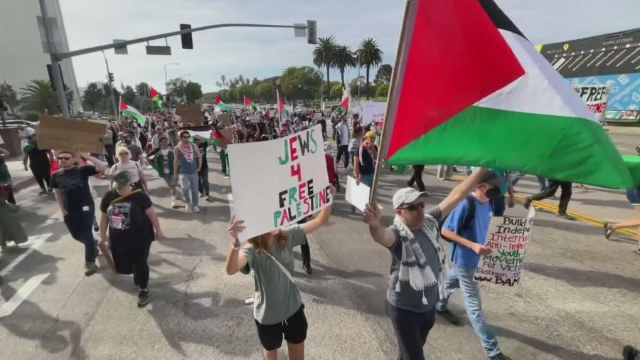 A large group of pro-Palestinian demonstrators marched in West Los Angeles on Nov. 4, 2023 calling for the end to Israel’s bombardment and occupation of Gaza. (KTLA)