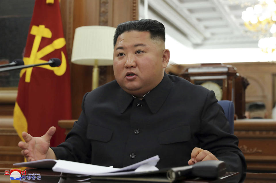 In this photo provided Sunday, Dec. 22, 2019, by the North Korean government, North Korean leader Kim Jong Un speaks during a ruling party meeting, North Korea. North Korea said Sunday Kim has convened a key ruling party meeting to decide on steps to bolster the country’s military capability. Independent journalists were not given access to cover the event depicted in this image distributed by the North Korean government. The content of this image is as provided and cannot be independently verified. Korean language watermark on image as provided by source reads: "KCNA" which is the abbreviation for Korean Central News Agency. (Korean Central News Agency/Korea News Service via AP)