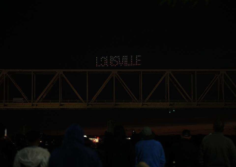 Drones spell out "Louisville" as part of the drone show ahead of the firework show to close off Thunder Over Louisville on April 20, 2024
