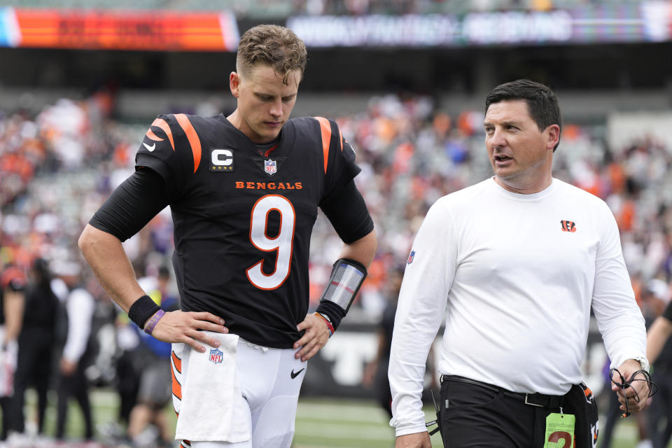 Cincinnati Bengals quarterback Joe Burrow (9) walks off the field following an NFL football game against the Baltimore Ravens Sunday, Sept. 17, 2023, in Cincinnati. The Ravens won 27-24. (AP Photo/Jeff Dean)