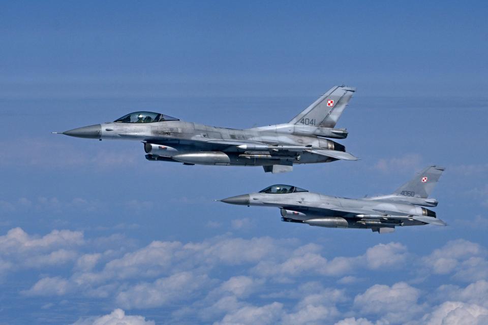 Polish Air Force F-16 jetfighters take part in the NATO exercise as part of the NATO Air Policing mission, in Alliance members' sovereign airspace on July 4, 2023.