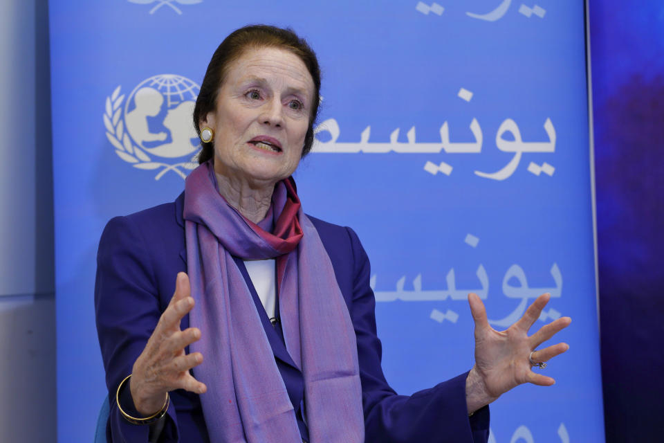 UNICEF Executive Director Henrietta Fore, speaks during an interview with The Associated Press after returning from a visit to Syria, in Beirut, Lebanon, Thursday, Dec. 13, 2018. Fore said Thursday that even though the fighting is winding down, 2 million children inside Syria are still out of schools and it will take years and a lot of funding to help children get over the scars of the seven-year conflict. (AP Photo/Bilal Hussein)