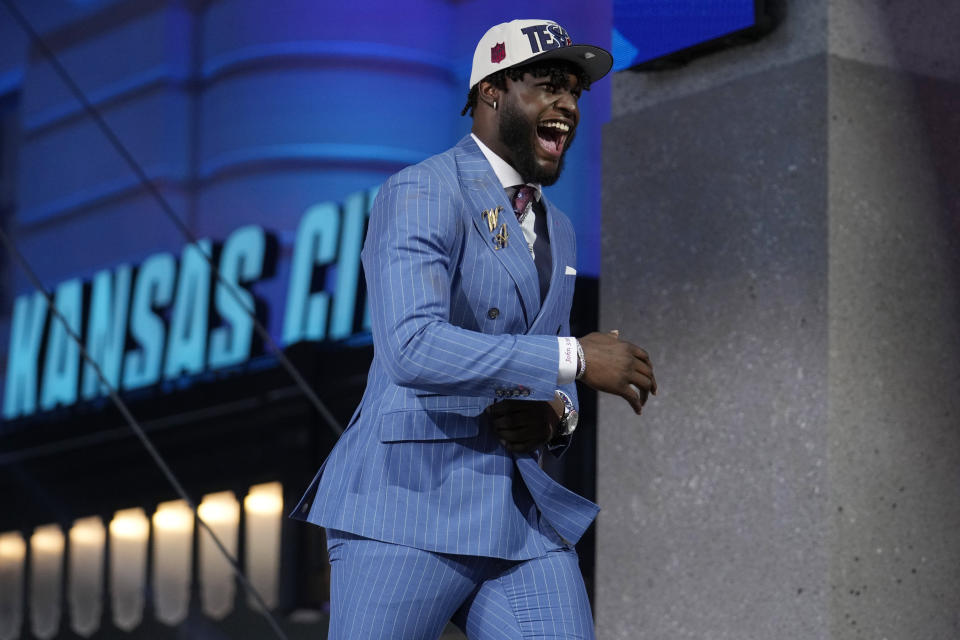 Alabama linebacker Will Anderson Jr. reacts after being chosen by the Houston Texans with the third overall pick during the first round of the NFL football draft Thursday, April 27, 2023, in Kansas City, Mo. (AP Photo/Jeff Roberson)