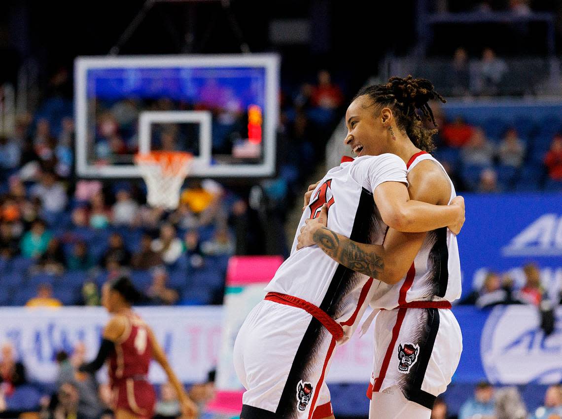 N.C. State’s Madison Hayes and Aziaha James embrace after a Wolfpack basket during the second half of N.C. State’s 69-43 win over Florida State in the ACC Tournament semifinals on Saturday, March 9, 2024, at Greensboro Coliseum in Greensboro, N.C. Kaitlin McKeown/kmckeown@newsobserver.com