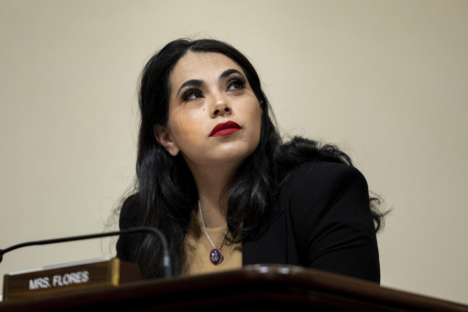 FILE - Rep. Mayra Flores, R-Texas, listens during a hearing at the Capitol in Washington, July 20, 2022. House Republicans may be critical of diversity and inclusion programs, but they see recruiting women and minority candidates, along with veterans, as key to expanding their slim majority in November. Flores, who made history by becoming the first Mexican-born congresswoman, but who subsequently lost in the 2022 mid-terms, is making a run for a House seat in November 2024. (AP Photo/Amanda Andrade-Rhoades, File)