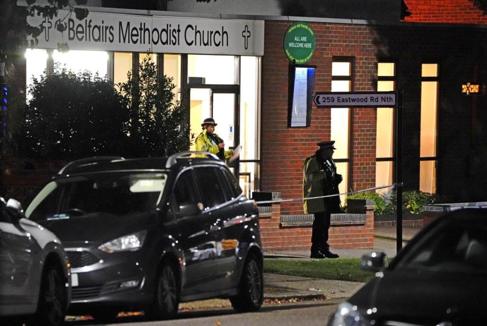 Police at Belfairs Methodist Church in Eastwood Road North, Leigh-on-Sea, Essex (Jonathan Brady/PA). (PA Wire)