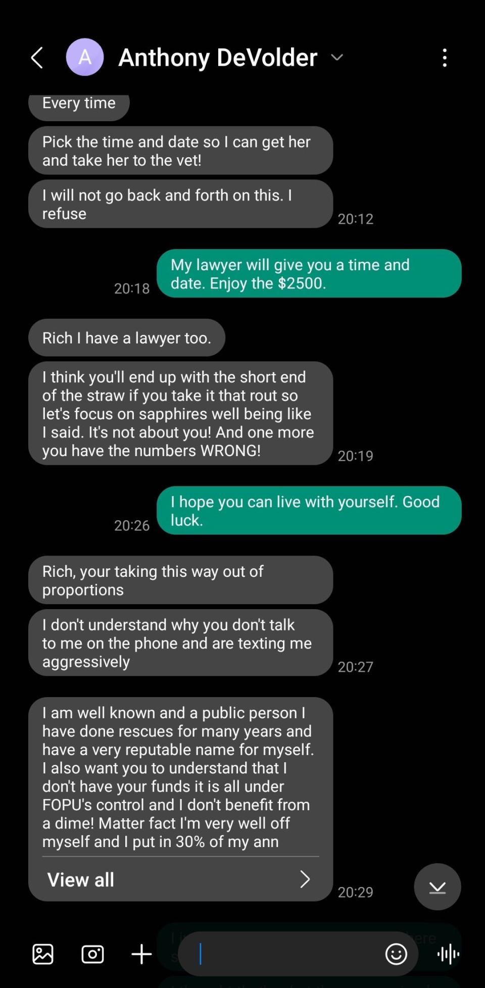 Screenshot of a text exchange that Howell veteran Richard Ostoff said he had with “Anthony Devolder,” whom he now believes was Rep. George Santos, R-N.Y.
