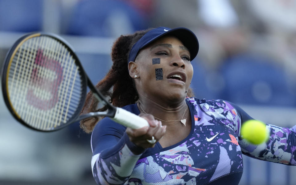 FILE - Serena Williams returns the ball during her quarterfinal doubles tennis match with Ons Jabeur of Tunisia against Shuko Aoyama of Japan and Hao-Ching of Taiwan at the Eastbourne International tennis tournament in Eastbourne, England, Wednesday, June 22, 2022. The U.S. Open draw on Thursday, Aug. 25, 2022, set up 23-time Grand Slam champion Williams to face Danka Kovinic of Montenegro in the first round. The tournament begins Monday. (AP Photo/Kirsty Wigglesworth, File)