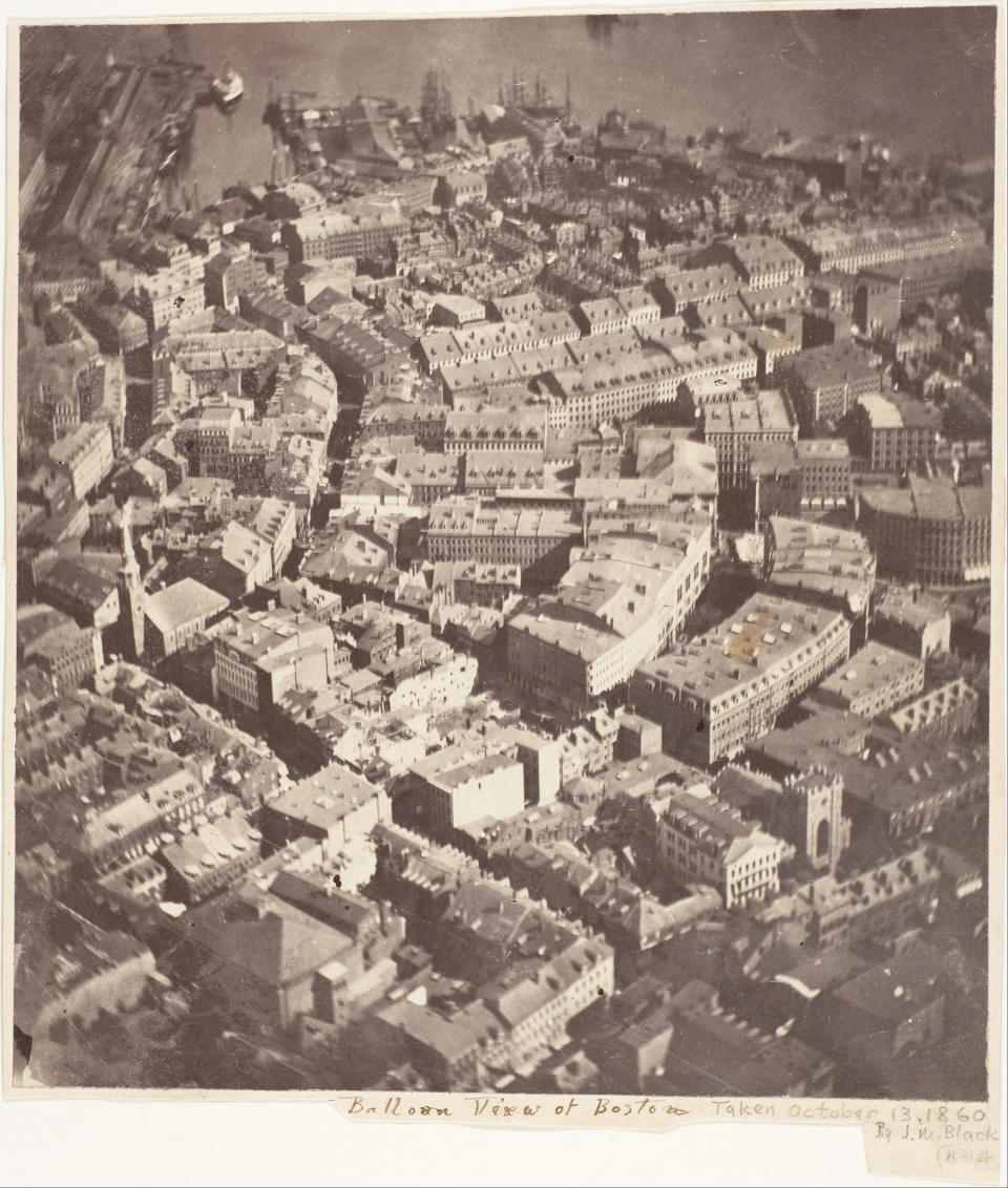 James Wallace Black's aerial photograph taken from tethered hot air balloon Queen of the Air 2,000 feet above Boston on October 13, 1860. It is the oldest surviving aerial photograph and first made in America | James Wallace Black—Metropolitan Museum of Art