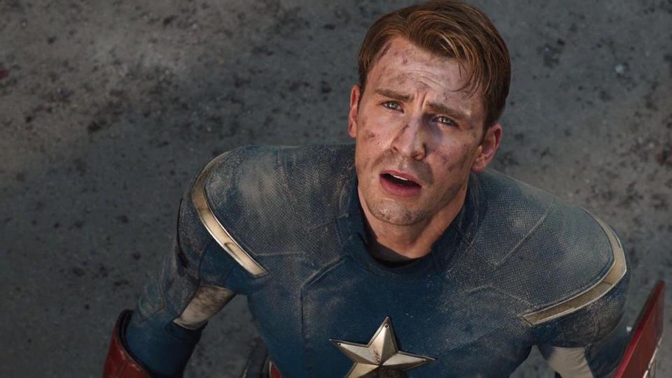 Steve Rogers, as played by Chris Evans, looks up
