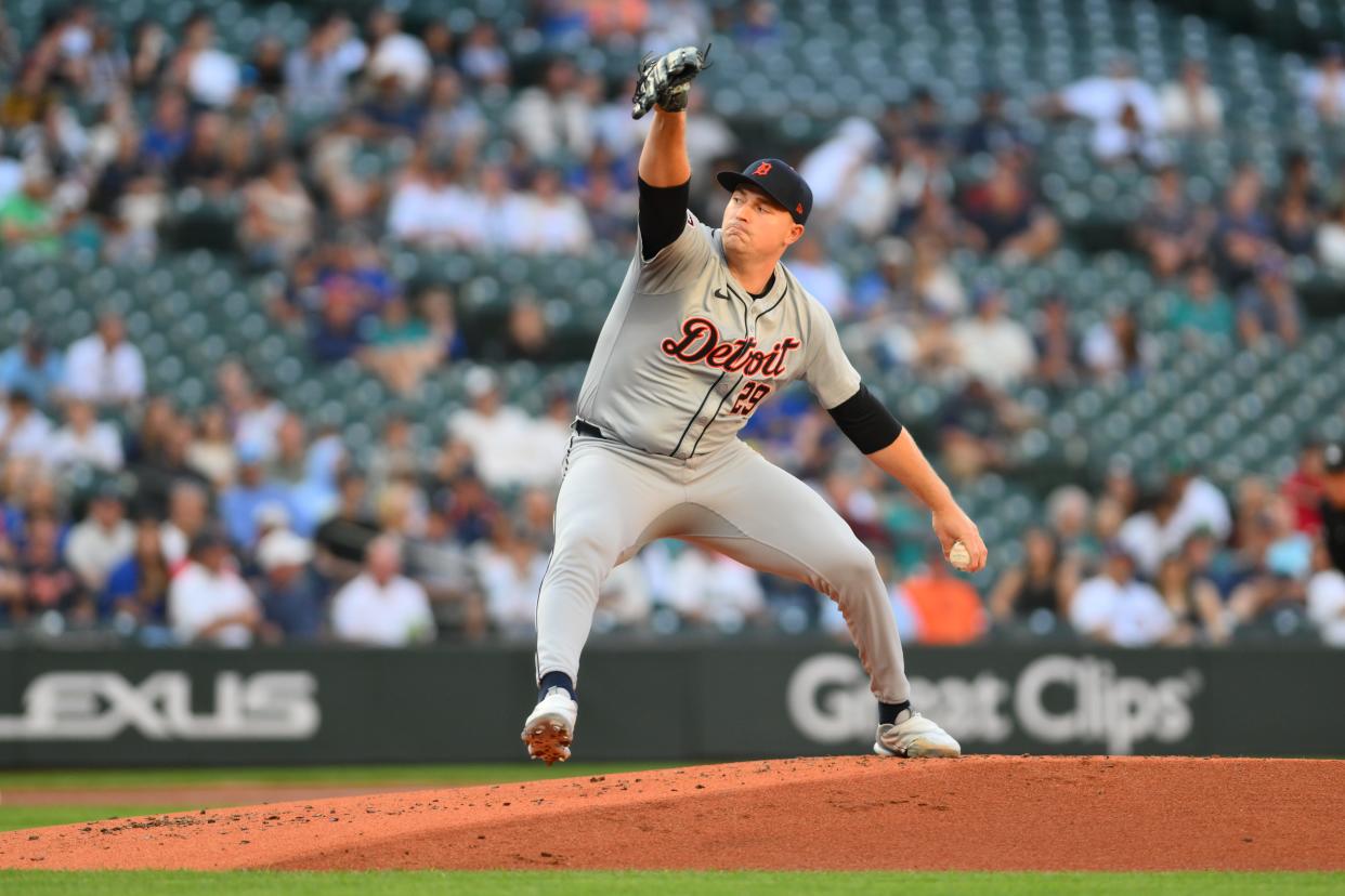 Detroit Tigers starting pitcher Tarik Skubal (29) pitches to the Seattle Mariners during the first inning at T-Mobile Park in Seattle on Wednesday, Aug. 7, 2024.