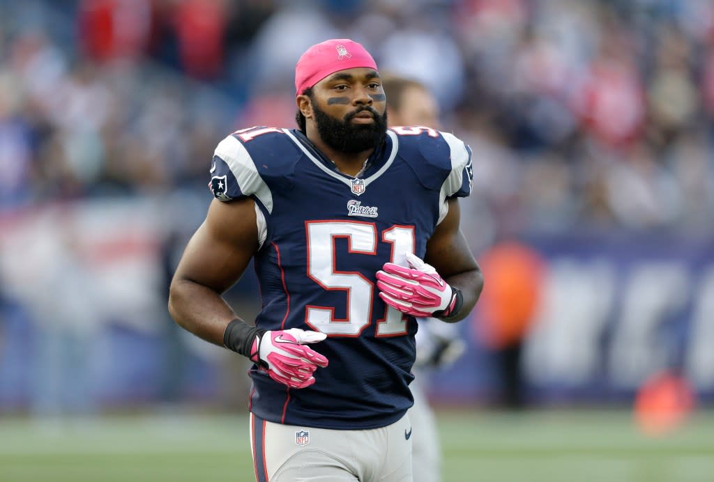 New England Patriots outside linebacker Jerod Mayo (51) warms up on the field before an NFL football game against the New Orleans Saints, Sunday, Oct.13, 2013, in Foxborough, Mass. (AP Photo/Steven Senne, File)