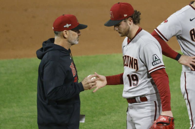 Arizona Diamondbacks pitcher Ryne Nelson sustained a right elbow contusion during a loss to the San Francisco Giants on Thursday in San Francisco. File Photo by Laurence Kesterson/UPI