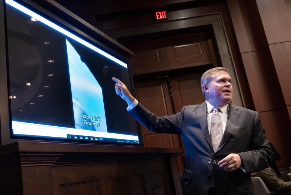 WASHINGTON, DC - MAY 17: U.S. Deputy Director of Naval Intelligence Scott Bray explains a video of unidentified aerial phenomena, as he testifies before a House Intelligence Committee subcommittee hearing at the U.S. Capitol on May 17, 2022, in Washington, DC. The committee met to investigate Unidentified Aerial Phenomena, commonly referred to as Unidentified Flying Objects (UFOs). (Photo by Kevin Dietsch/Getty Images)