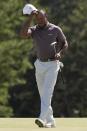 Tiger Woods reacts after his second round at the Masters golf tournament at Augusta National Golf Club Friday, April 12, 2024, in Augusta, Ga. (AP Photo/Ashley Landis)