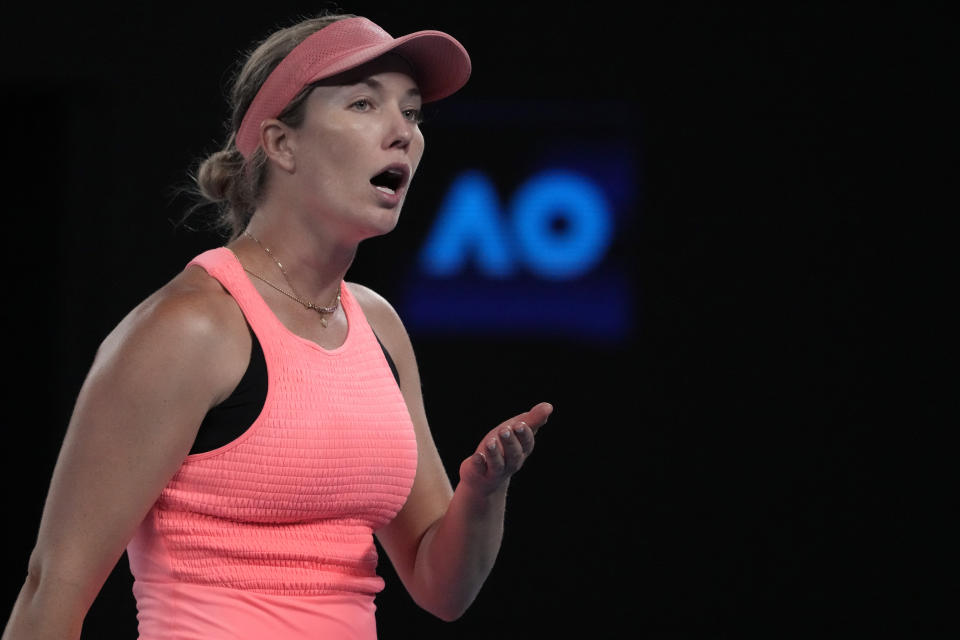 Danielle Collins of the U.S. reacts during her second round match against Iga Swiatek of Poland at the Australian Open tennis championships at Melbourne Park, Melbourne, Australia, Thursday, Jan. 18, 2024. (AP Photo/Andy Wong)