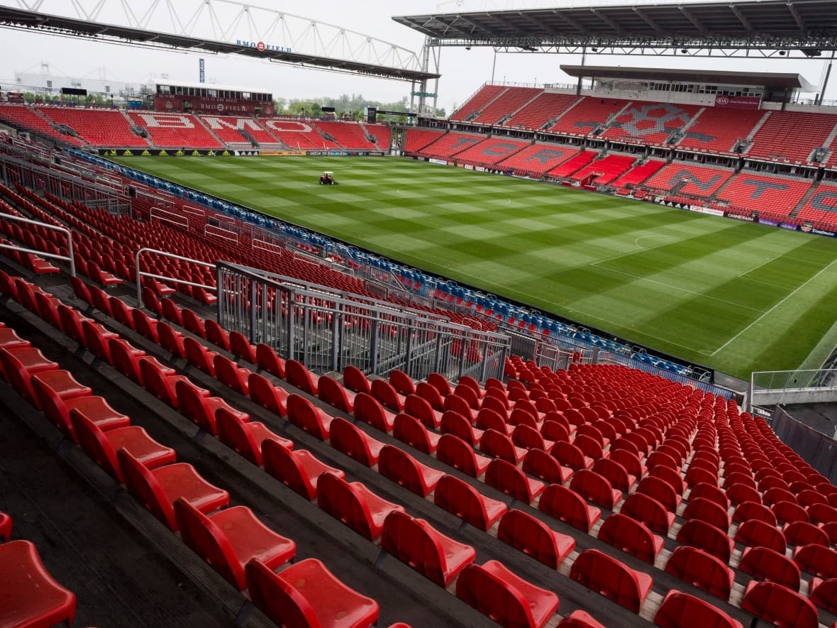 BMO Field in Toronto is pictured in 2018. The estimated cost of having five games in Toronto is now projected to be approximately $300 million by 2026. (Christopher Katsarov/The Canadian Press - image credit)