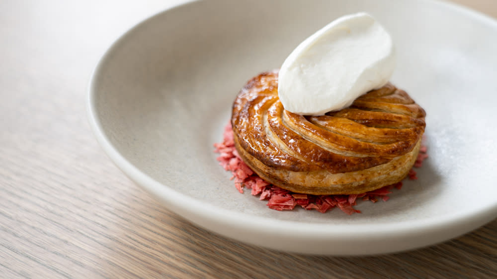 Rhubarb galette with pistachio and whipped custard - Credit: Twelve