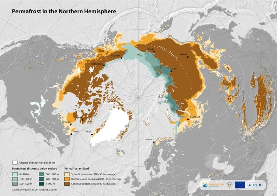 Known permafrost zones in the Northern Hemisphere. Greens are subsea permafrost. <a href="https://www.grida.no/resources/13519" rel="nofollow noopener" target="_blank" data-ylk="slk:GRID-Arendal/Nunataryuk;elm:context_link;itc:0;sec:content-canvas" class="link ">GRID-Arendal/Nunataryuk</a>, <a href="http://creativecommons.org/licenses/by-nd/4.0/" rel="nofollow noopener" target="_blank" data-ylk="slk:CC BY-ND;elm:context_link;itc:0;sec:content-canvas" class="link ">CC BY-ND</a>