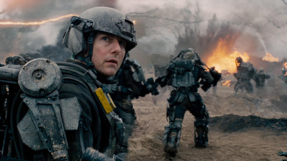 Tom Cruise suits up for battle in 'Edge of Tomorrow'. (Credit: Warner Bros)