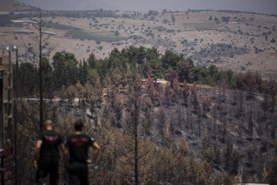 Firefighters check a burned area at Biriya Forest, from previous shelling attacks from Lebanon, near the town of Hatzor Haglilit, northern Israel, Thursday, June 20, 2024. (AP Photo/Leo Correa)