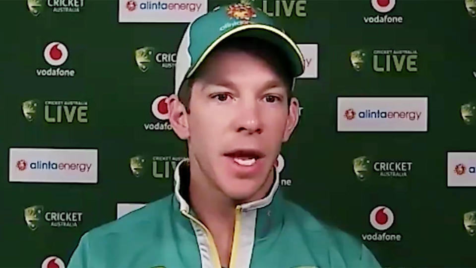 Tim Paine is seen here speaking after Australia's third Test draw with India.