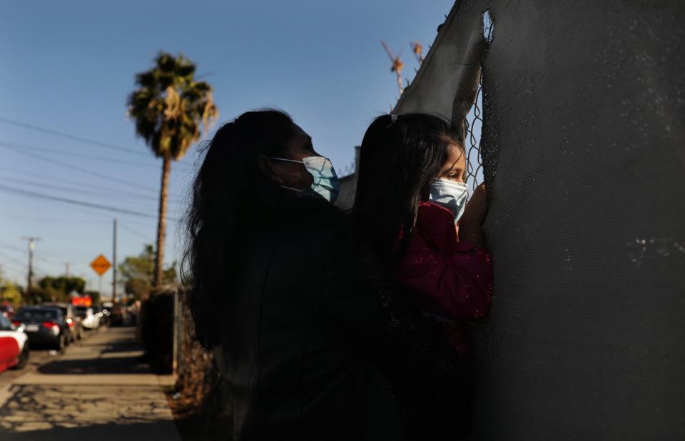 A woman holds a girl so she can look through a chain link fence