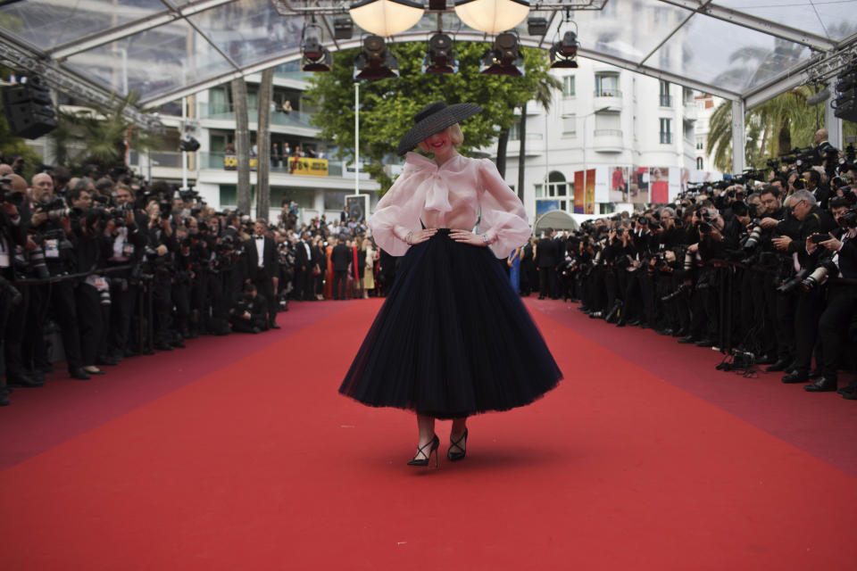 In this Tuesday, May 21, 2019 photo jury member Elle Fanning poses for photographers upon arrival at the premiere of the film 'Once Upon a Time in Hollywood' at the 72nd international film festival, Cannes, southern France. (AP Photo/Petros Giannakouris)