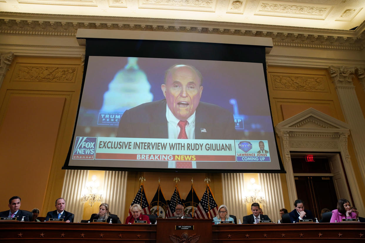 Rudy Giuliani, former lawyer to Donald Trump, displayed on a screen during a hearing of the Select Committee to Investigate the January 6th Attack on the US Capitol