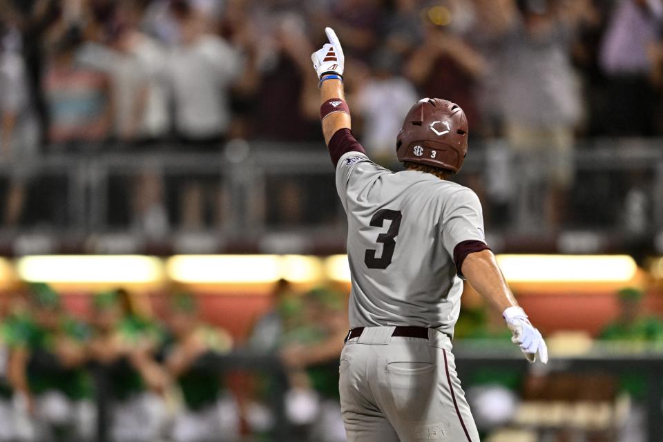 Jun 9, 2024; College Station, TX, USA; Texas A&M infielder Kaeden Kent (3) hits a grand slam in the top of the seventh inning against Oregon at Olsen Field, Blue Bell Park Mandatory Credit: Maria Lysaker-USA TODAY Sports