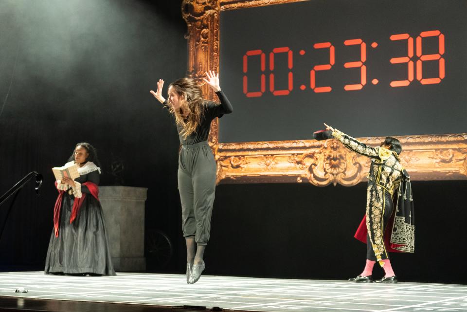Left to right: Soprano Kisma Jordan, dancer Biba Bell, and baritone Rolfe Dauz perform in John Cage’s Europera 3, presented by Detroit Opera at the Gem Theatre, directed by Yuval Sharon, March 8, 9 and 10.