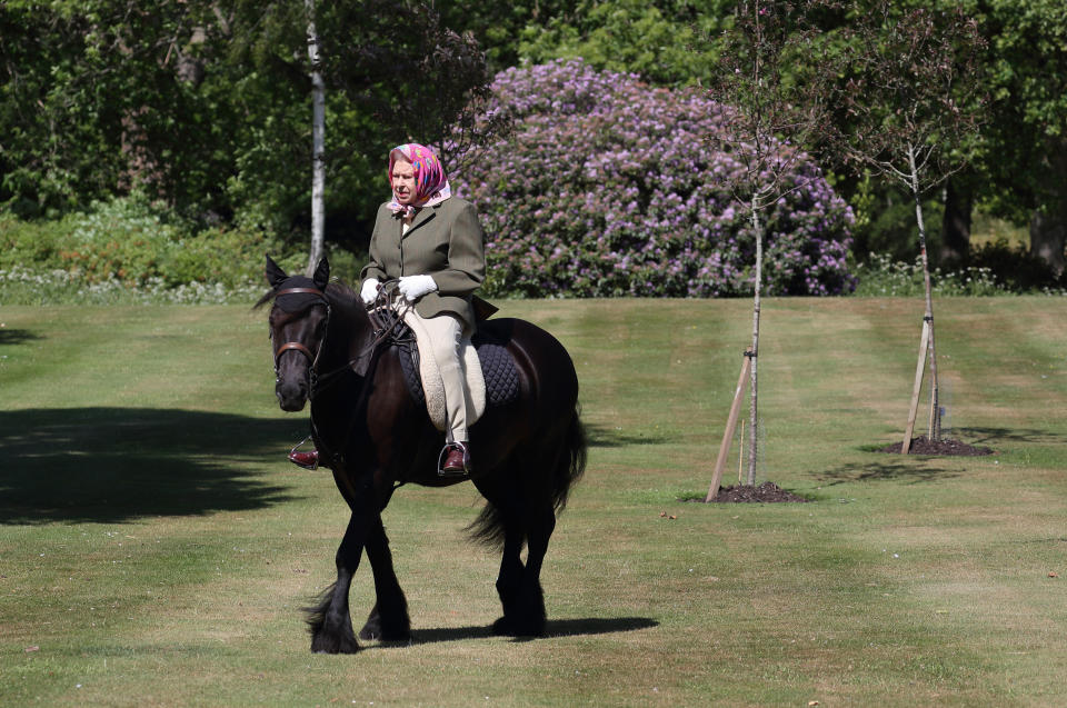 EMBARGOED: Not for publication or onward transmission before 2230 BST Sunday May 31, 2020. Queen Elizabeth II rides Balmoral Fern, a 14-year-old Fell Pony, in Windsor Home Park over the weekend. The Queen has been in residence at Windsor Castle during the coronavirus pandemic.
