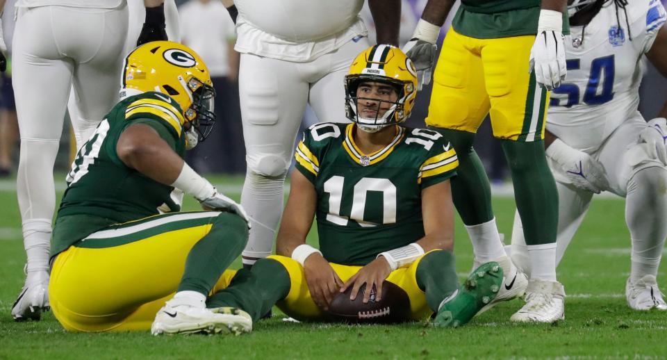 Green Bay Packers quarterback Jordan Love (10) reacts after getting sacked against the Detroit Lions in the first quarter during their football game Thursday, September 28, 2023, at Lambeau Field in Green Bay, Wis.<br>Dan Powers/USA TODAY NETWORK-Wisconsin.