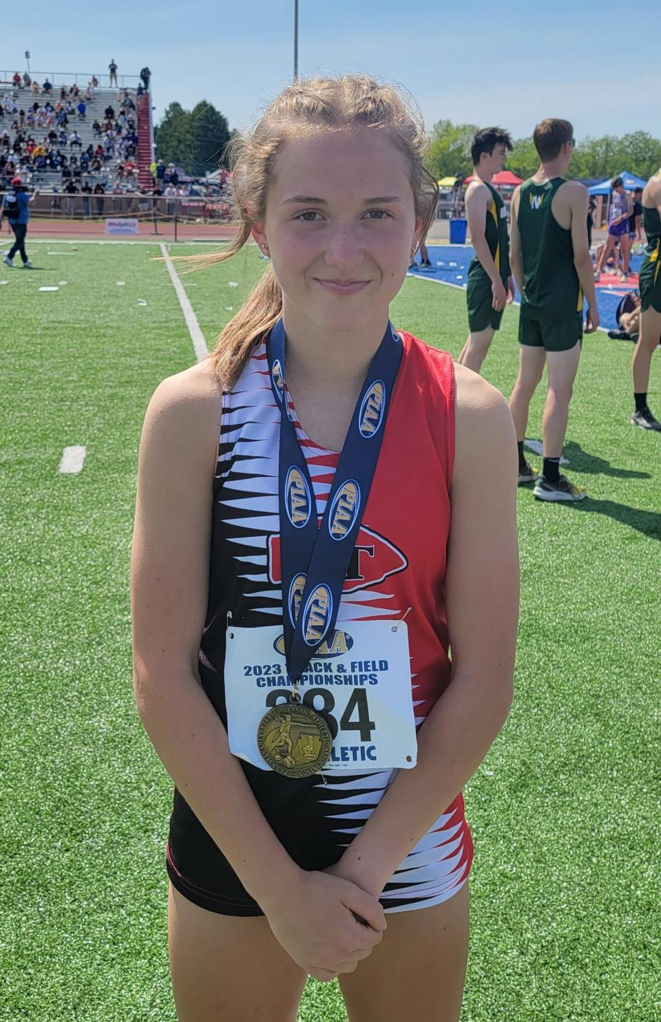 Conemaugh Township sophomore Izzy Slezak poses for a photo after finishing third in the 200-meter dash at the PIAA Class 2A Track and Field Championships, May 27, at Shippensburg University. Selzak also took eighth in the 100-meter dash.