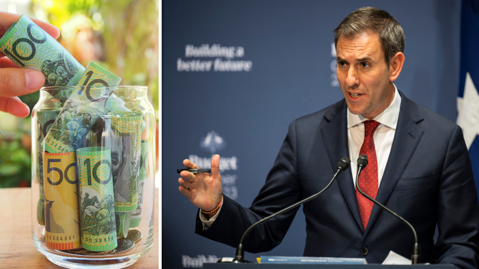 Composite image of Treasurer Jim Chalmers talking about the Budget, and a hand putting money into a jar.