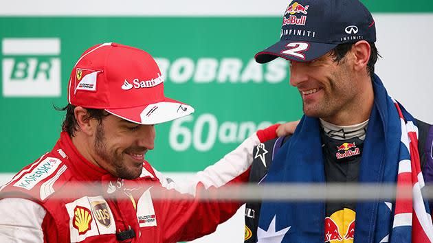 Alonso and Webber on the podium at Brazil in 2013. Pic: Getty