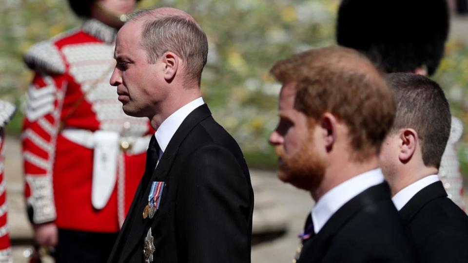 <div class="inline-image__caption"><p>"Prince William, Duke of Cambridge, Prince Harry, Duke of Sussex and <span class="caas-xray-inline-tooltip"><span class="caas-xray-inline caas-xray-entity caas-xray-pill rapid-nonanchor-lt" data-entity-id="Peter_Phillips" data-ylk="cid:Peter_Phillips;pos:3;elmt:wiki;sec:pill-inline-entity;elm:pill-inline-text;itc:1;cat:BusinessPerson;" tabindex="0" aria-haspopup="dialog"><a href="https://search.yahoo.com/search?p=Peter%20Phillips" data-i13n="cid:Peter_Phillips;pos:3;elmt:wiki;sec:pill-inline-entity;elm:pill-inline-text;itc:1;cat:BusinessPerson;" tabindex="-1" data-ylk="slk:Peter Phillips;cid:Peter_Phillips;pos:3;elmt:wiki;sec:pill-inline-entity;elm:pill-inline-text;itc:1;cat:BusinessPerson;" class="link ">Peter Phillips</a></span></span> during the funeral of Prince Philip, Duke of Edinburgh at Windsor Castle on April 17, 2021 in Windsor, England.</p></div> <div class="inline-image__credit">Gareth Fuller/WPA Pool/Getty Images</div>