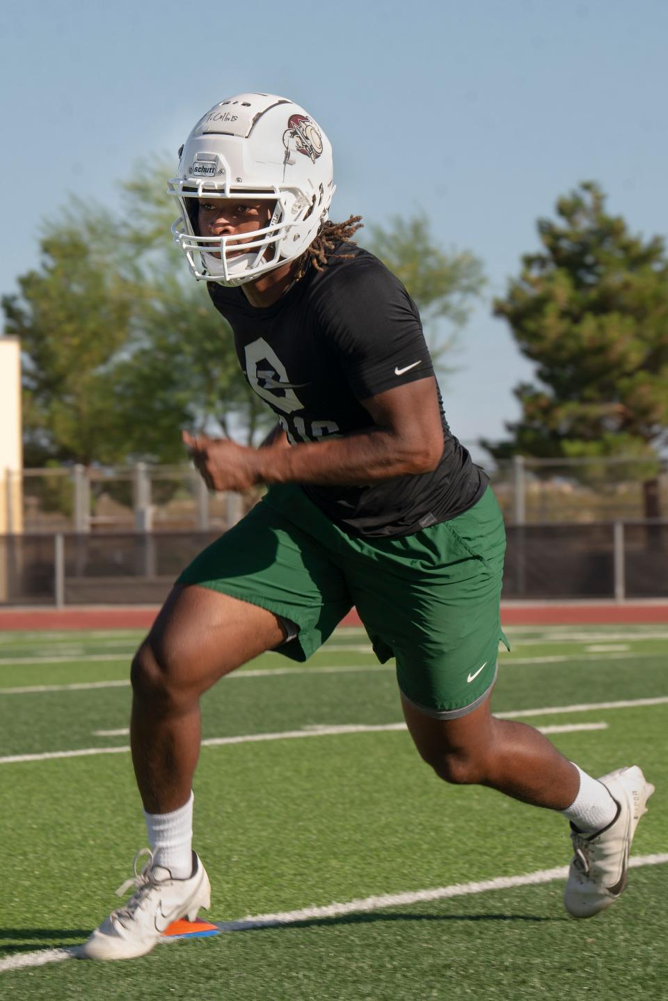 Adelanto’s Shakir Collins participates in a drill during a recent summer football practice at the school. Adelanto begins the season at home against Castaic on Aug. 18.