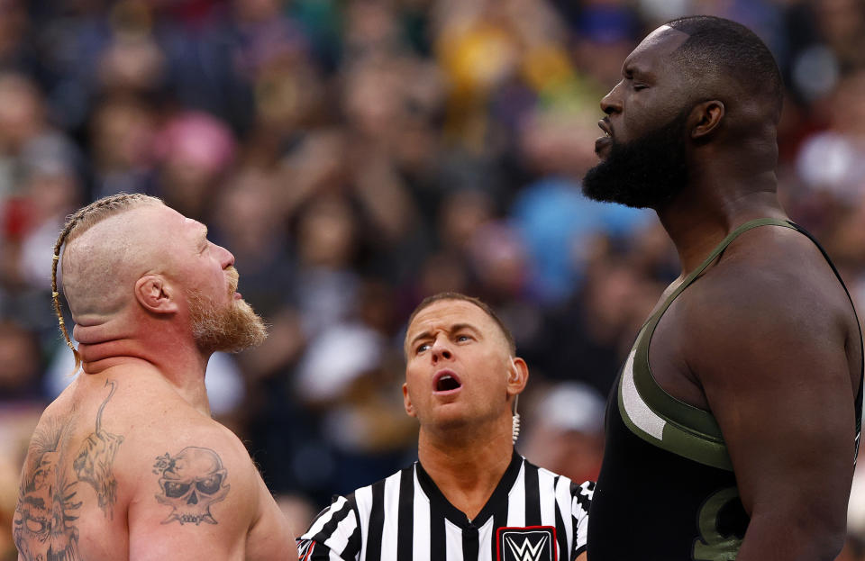 Brock Lesnar wrestles Omos during WrestleMania Goes Hollywood at SoFi Stadium on April 02, 2023 in Inglewood, California.