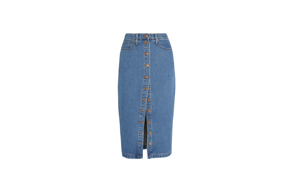 <p>This 70s-inpired button-front skirt lets you decide how much leg you want to show. Sport this five-pocket style with a <a rel="nofollow noopener" href="http://www.travelandleisure.com/gift-guides/gifts-for-francophiles#st-james-tee" target="_blank" data-ylk="slk:sailor-striped T-shirt;elm:context_link;itc:0;sec:content-canvas" class="link ">sailor-striped T-shirt</a> and <a rel="nofollow noopener" href="http://www.travelandleisure.com/slideshows/best-walking-shoes-for-travel" target="_blank" data-ylk="slk:some comfortable loafers;elm:context_link;itc:0;sec:content-canvas" class="link ">some comfortable loafers</a>.</p><p><strong>To buy:</strong> $90, <a rel="nofollow noopener" href="http://click.linksynergy.com/fs-bin/click?id=93xLBvPhAeE&subid=0&offerid=254156.1&type=10&tmpid=6894&RD_PARM1=https%3A%2F%2Fwww.net-a-porter.com%2Fus%2Fen%2Fproduct%2F678303&u1=TLFASappL1LongSkirtsRS1Sep16" target="_blank" data-ylk="slk:net-a-porter.com;elm:context_link;itc:0;sec:content-canvas" class="link ">net-a-porter.com</a></p>