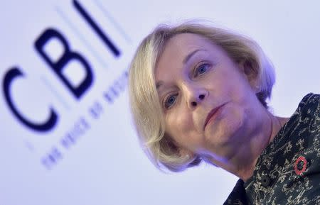 FILE PHOTO: Moya Greene, Chief Executive of Royal Mail Group, speaks at the Confederation of British Industry (CBI) annual conference in London, Britain November 9, 2015. REUTERS/Toby Melville