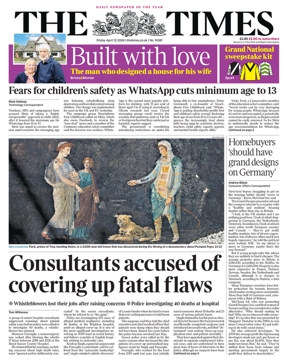 The headline in the Times reads: "Consultants accused of covering up fatal flaws".